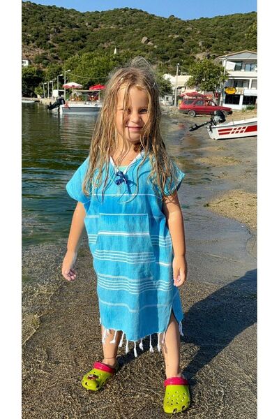 Aysesa Eco-Friendly 100% Cotton Hooded Striped Children's Beach and Bath Peshtemal Poncho