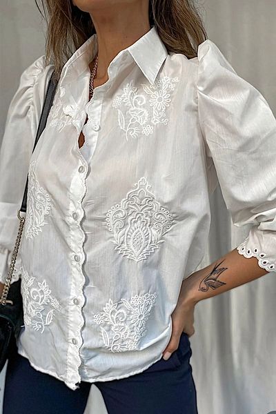 FURKAN EXCLUSIVE White Embroidered Princess Sleeves Women's Shirt - Slim Design