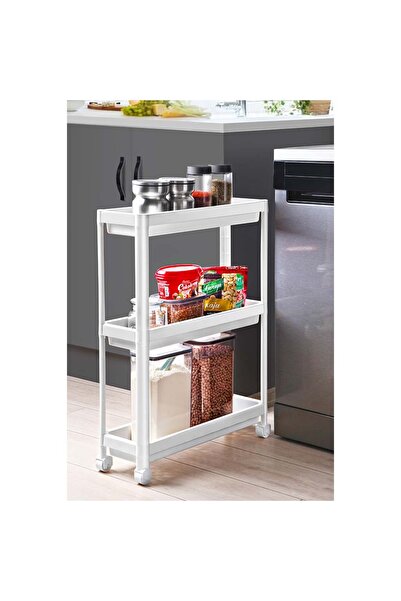 Genel Markalar Beyaz Tekerlekli 3 Katlı Dikdörtgen Raf Ünitesi Çok Amaçlı Ban...