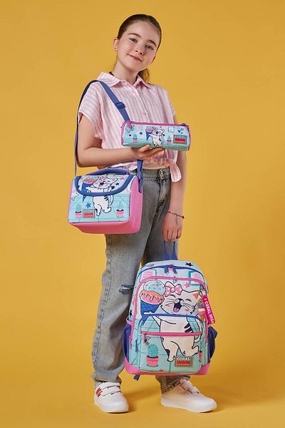 Coral High Geantă de școală din 3 piese cu model de pisică roz turcoaz - SET 0123751