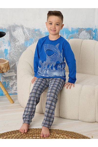 CLQTH Set de pijamale pentru băieți - albastru, rechin, set de dormit confortabil cu model în carouri