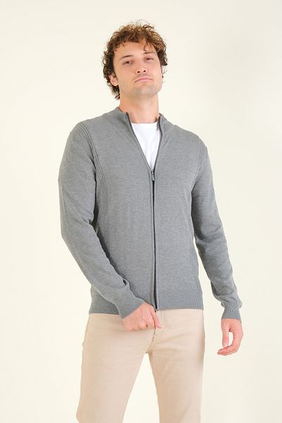 Giyim Dünyası Gray Men's Cardigan - Stand Collar, Ribbed, Zippered