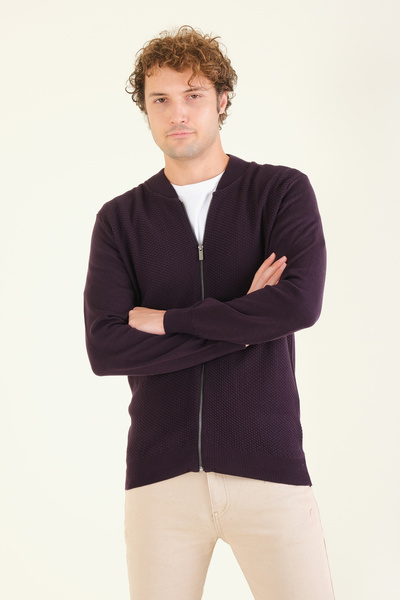 Giyim Dünyası Purple Men's Cardigan - Prevailing Collar, Honeycomb Knit, Zippered