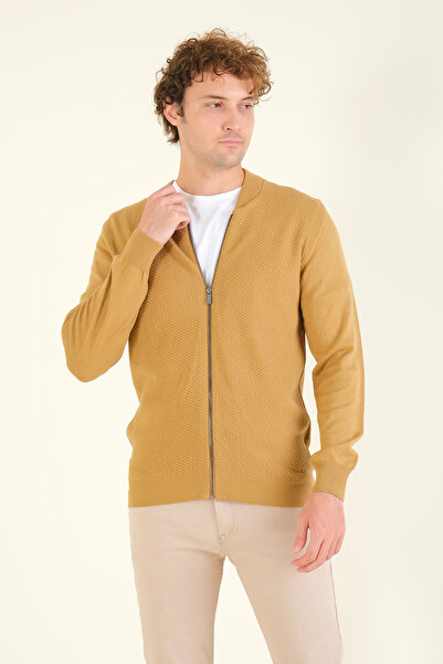 Giyim Dünyası Men's Mustard Cardigan - Prevailing Collar, Honeycomb Knit, Zippered