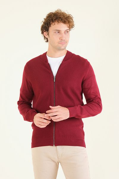 Giyim Dünyası Red Men's Cardigan - Prevailing Collar, Honeycomb Knit, Zippered