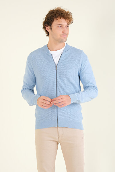 Giyim Dünyası Erkek Hakim Yaka Petek Örgü Fermuarlı Hırka Mavi