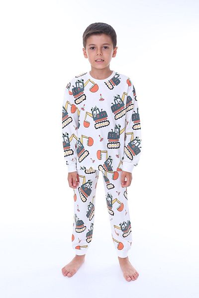 bunny hopp Boy's Pajama Set - 100% Cotton, Patterned, Long Sleeve, Work Machinery Scoop (3-8 Years)