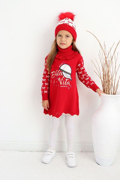 Sevimli 3-Piece Knitwear Dress Set for Girls - Beret and Neck Collar Detailed Sweater
