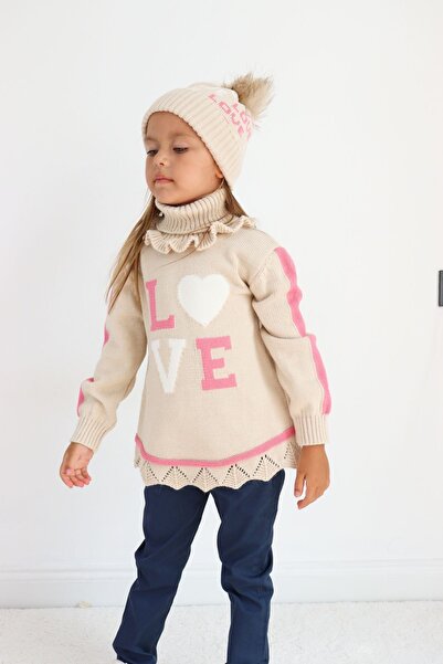 Sevimli 3-Piece Knitwear Tunic and Sweater Set for Girls - Beret and Neck Collar Detailed