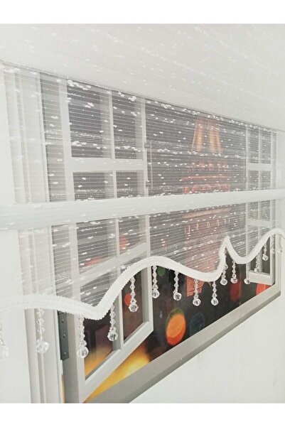 BULUT Çift Mekanizmalı Boncuklu Beyaz Tül,kaliteli Simli Mat Stor(%85 GÜNEŞİ KESEN),metal Zincirli