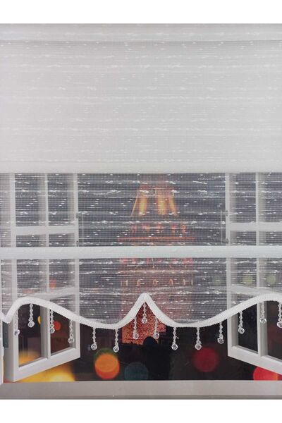 BULUT ÇİFT MEKANİZMALI BONCUKLU 1. KALİTE BEYAZ ŞERİT TÜL, 1.KALİTE BEYAZ SİMLİ MAT STOR(%85 GÜNEŞİ KESER)