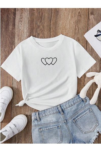 Pelna Tricou alb din bumbac - Model Trend pentru copii, Imprimat Inima