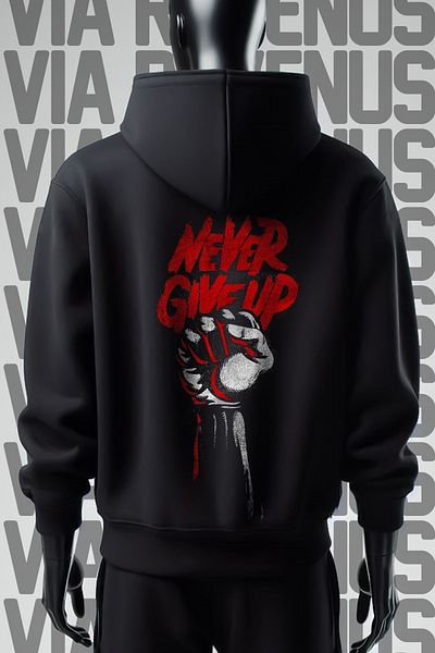 Vordevia Never Give Up 3 Thread Wide Fit - Μπλούζα με μαύρη κουκούλα με στάμπα μπροστά και πίσω