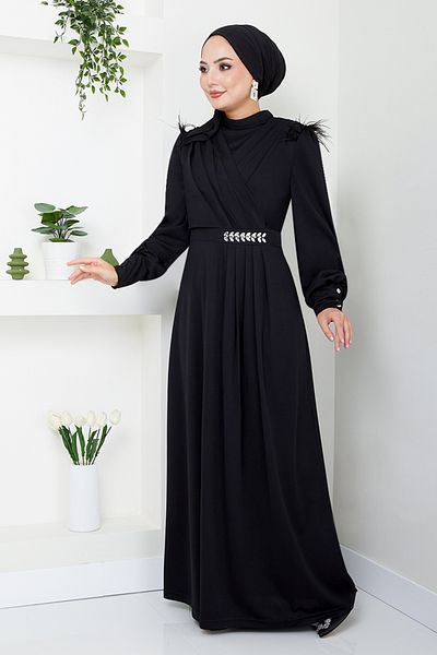 ModaMerve Black Hijab Evening Dress - Stone Detailed, Model 271Dvl897-M
