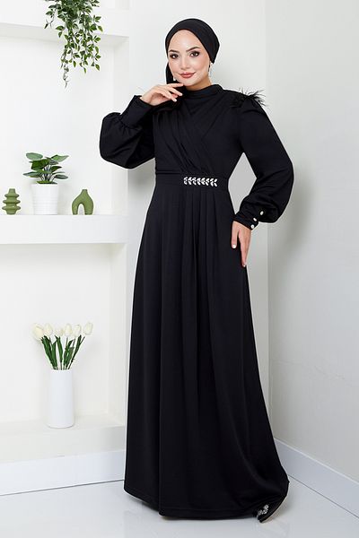 ModaMerve Black Hijab Evening Dress - Stone Detailed, Model 271Dvl897-M