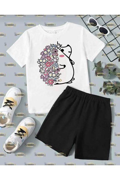 Pink Sky Floral Hedgehog Printed T-Shirt Shorts Tracksuit Bottom Top Set