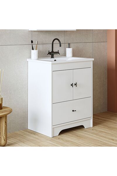 ROOMART Ayaklı 2 Kapaklı Lavabolu Mdflam 65 Cm Çekmeceli Banyo Dolabı