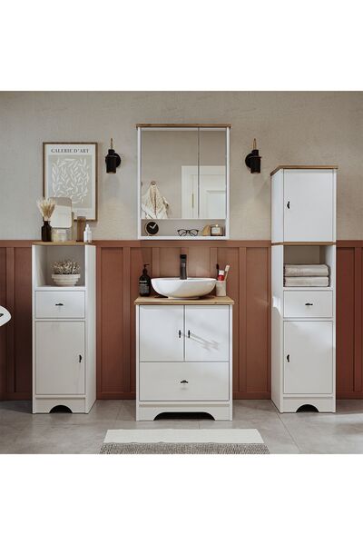 ROOMART Lavabolu Banyo Dolabı Mat Beyaz Mdf 60 Cm Çekmeceli Banyo Dolabı+Ayna...