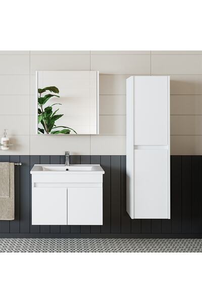 banos Tm3 Ayaksız 2 Kapaklı Lavabolu Beyaz Mdf 65 Cm Banyo Dolabı Aynalı Üst Dolap Boy Dolabı