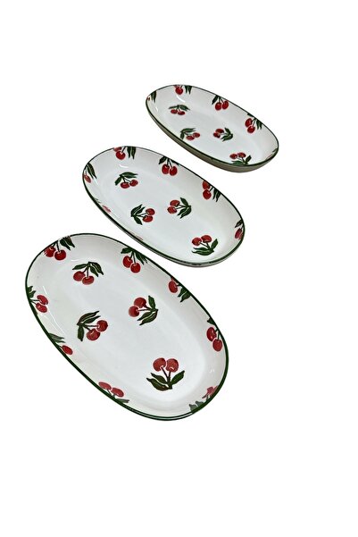 MTD SERAMİK 27 cm Cherry Patterned Oval Boat Plate - 3 Pieces