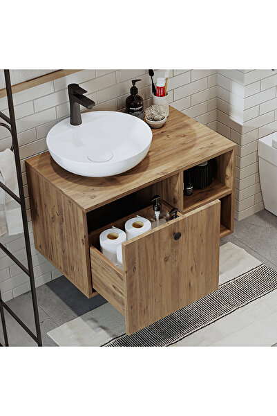 ROOMART Lavabolu Mdf 75 Cm Lotus Çekmeceli Banyo Dolabı + Aynalı Üst Dolabı + Banyo Boy Dolabı