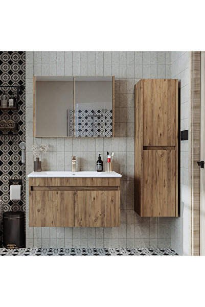 ROOMART '' Lavabolu '' Atlantik Mat Mdf 85 Cm Banyo Alt Dolap Aynalı Üst Dola...