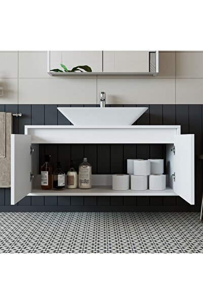 ROOMART Banos Banyo Ld7 Ayaksız 2 Kapaklı Lavabolu Mat Beyaz Mdf 100 Cm Banyo Dolabı
