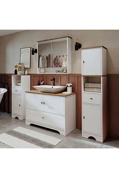 ROOMART Lavabolu Mat Beyaz Mdf 100 Cm Çekmeceli Banyo Dolabı + Aynalı Üst Dolabı + 2 adet Boy Dolabı