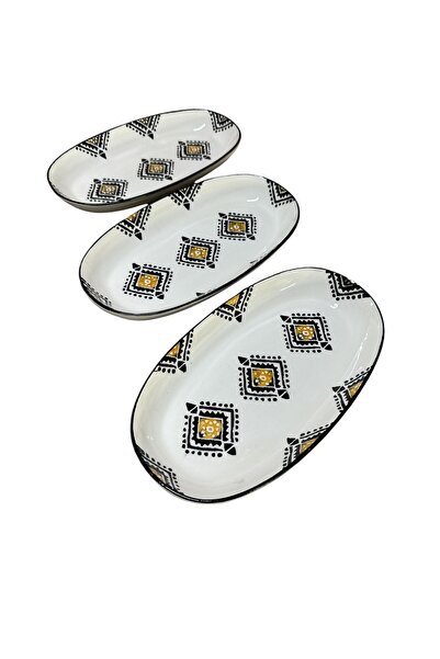 MTD SERAMİK 27 Cm Kilim Patterned Boat Plate - 3 Pieces