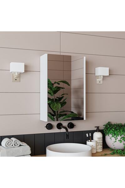 ROOMART Banos Banyo Kulpsuz Tek Kapaklı Mat Beyaz 40 Cm Mini Aynalı Banyo Üst Dolabı