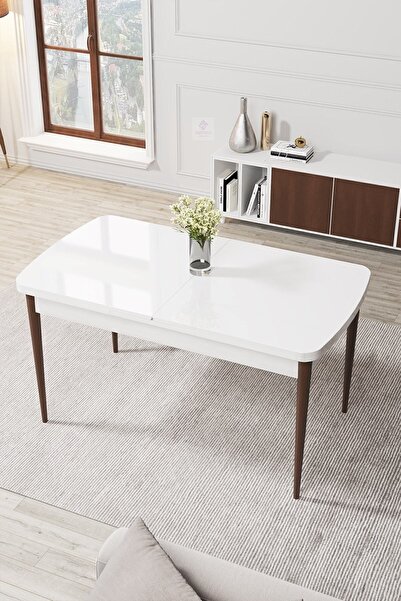Canisa Par Serisi 70x114 Açılabilir Mdf Mutfak Masası Takımı Beyaz Ceviz Masa 6 Bordo Sandalye