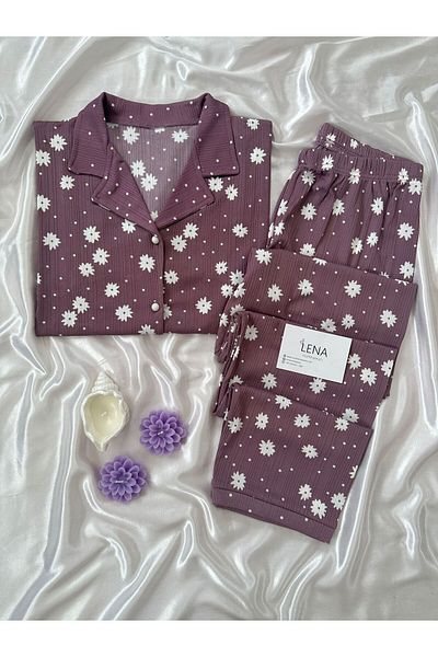 Lena Homewears Short Sleeve Women's Pajamas - Purple Daisy and Buttoned Front Pattern