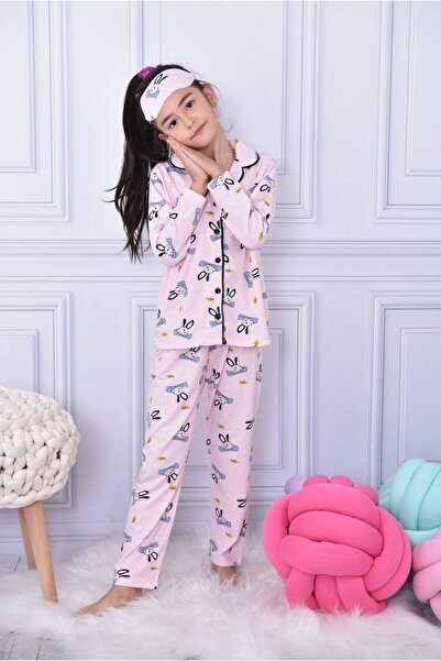 pijama moda Κοριτσίστικο ροζ παπιγιόν με σχέδιο κουνέλι με μακρυμάνικο σετ πιτζάμες + μπάλωμα ματιών