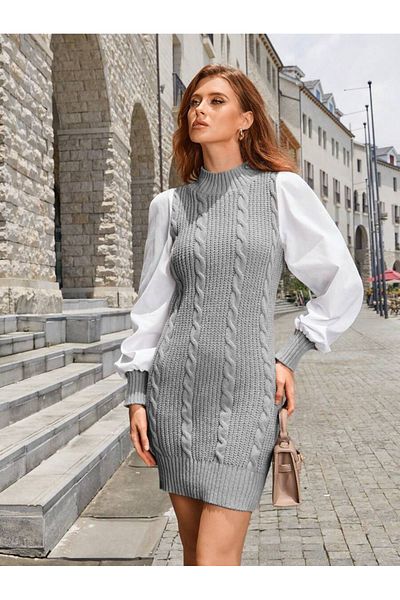 AQE FASHION Γκρι Θεσσαλονίκη Πλεκτό φόρεμα πουκάμισο πλεκτό φόρεμα πλεκτό λαιμόκοψη Crew με τρίχες μοτίβο