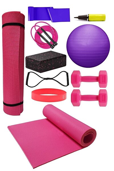 Tosima Pilates Minderi Lastiği Ip Sekizgen Lastik Loop Band Yoga Blok 65 Cm Top Pompa Ve 1 Kg Dambıl Seti