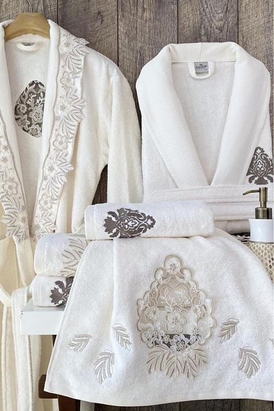 Çeyiz Diyarı Σετ μπουρνούζι Lunetta Cream White Lace 6 τεμαχίων από μπαμπού