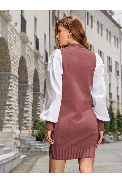 AQE FASHION Μοτίβο μαλλιών Crew Neck Knitwear Φόρεμα κανέλας - Μανίκι πουκάμισο με πλέξη Θεσσαλονίκης