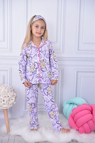 pistyle Purple Colored Heart Patterned Girl's Pajamas and Sleeping Band Set