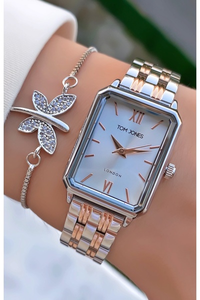 Tom Jones ساعة يد نسائية مقاومة للماء باللون الفضي الوردي - هدية سوار