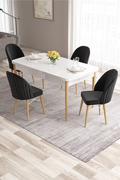 Canisa Ves Serisi 80x132 Açılabilir Mdf Mutfak Masası Takımı Beyaz Ahşap Ayak...