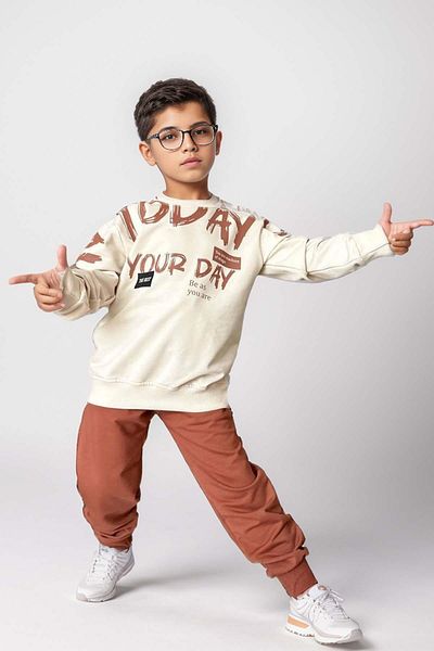 Riccotarz Boy's Brick Colored Your Day Printed Sweatshirt and Sweatpants Set