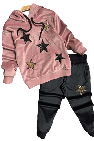 Riccotarz Girl's Velvet Sweatshirt and Dusty Rose Tracksuit Set - Sequined Star Embroidered