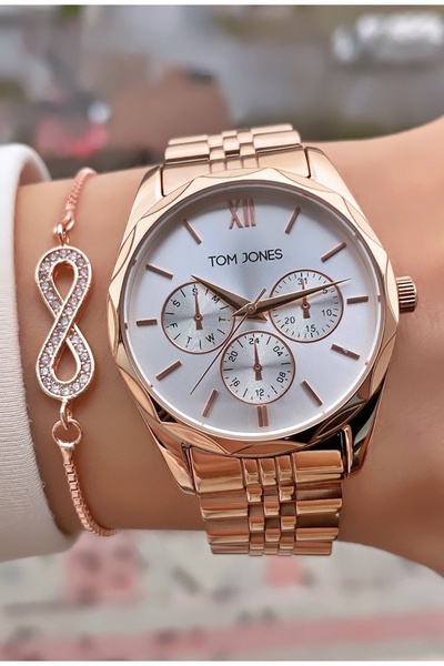 Tom Jones ساعة يد نسائية مقاومة للماء باللون الأسود الوردي - هدية سوار