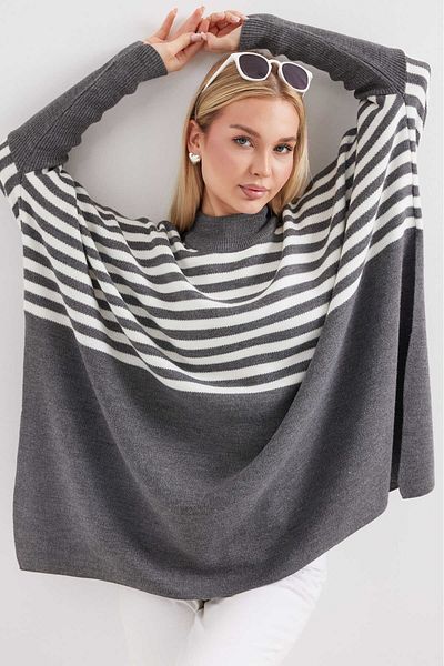 LE CARAMBOLE Pulover poncho pentru damă, cu dungi supradimensionate, cremă antracit