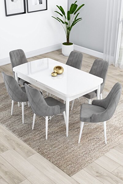 Canisa Kar Serisi 80x132 Açılabilir Mdf Beyaz Masa 6 Gri Sandalye Mutfak Masa...