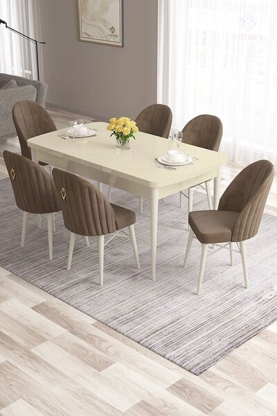 Canisa Roz Serisi 80x132 Mdf Açılabilir Krem Masa Takımı Ve Gold Halkalı 6 Ka...