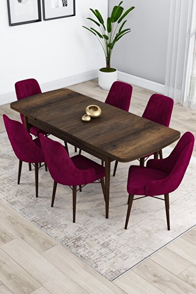 Canisa Kar Serisi 80x132 Siyah Mermer Desenli Masa 6 Pembe Sandaye Mutfak Masası Takımı