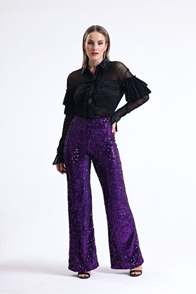 Sense Lastikli Geniş Paça Payetli Abiye Pantolon | Pnt33970 Mor