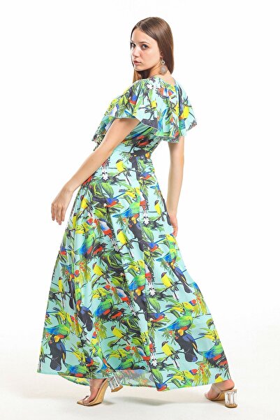 Sense Φόρεμα - Διπλό Φόρεμα Κρεπ με Φλοράλ Φλοράλ |   Elb31181 Σαξ