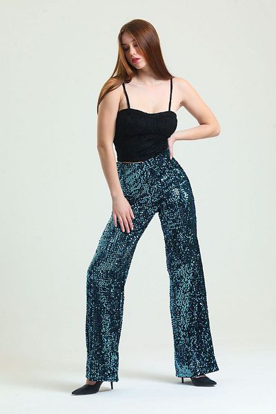 Sense Elastic Wide Leg Sequined Evening Trousers |   Pnt33970 Black-Turquoise